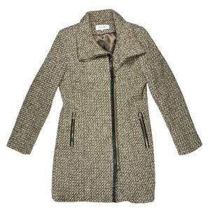 Calvin Klein Tweed Wool Pea Coat Brown Faux Leather Trim Classic Dressy Business